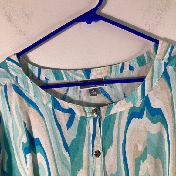 Womens JM Collection Linen Blend Button Shirt Wave‎ Pattern 1X - Picture 3 of 10